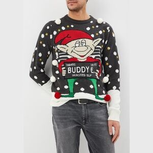 Brave Soul Buddy Wasted Elf Ugly Christmas Sweater Grey Mens Size Large Holiday
